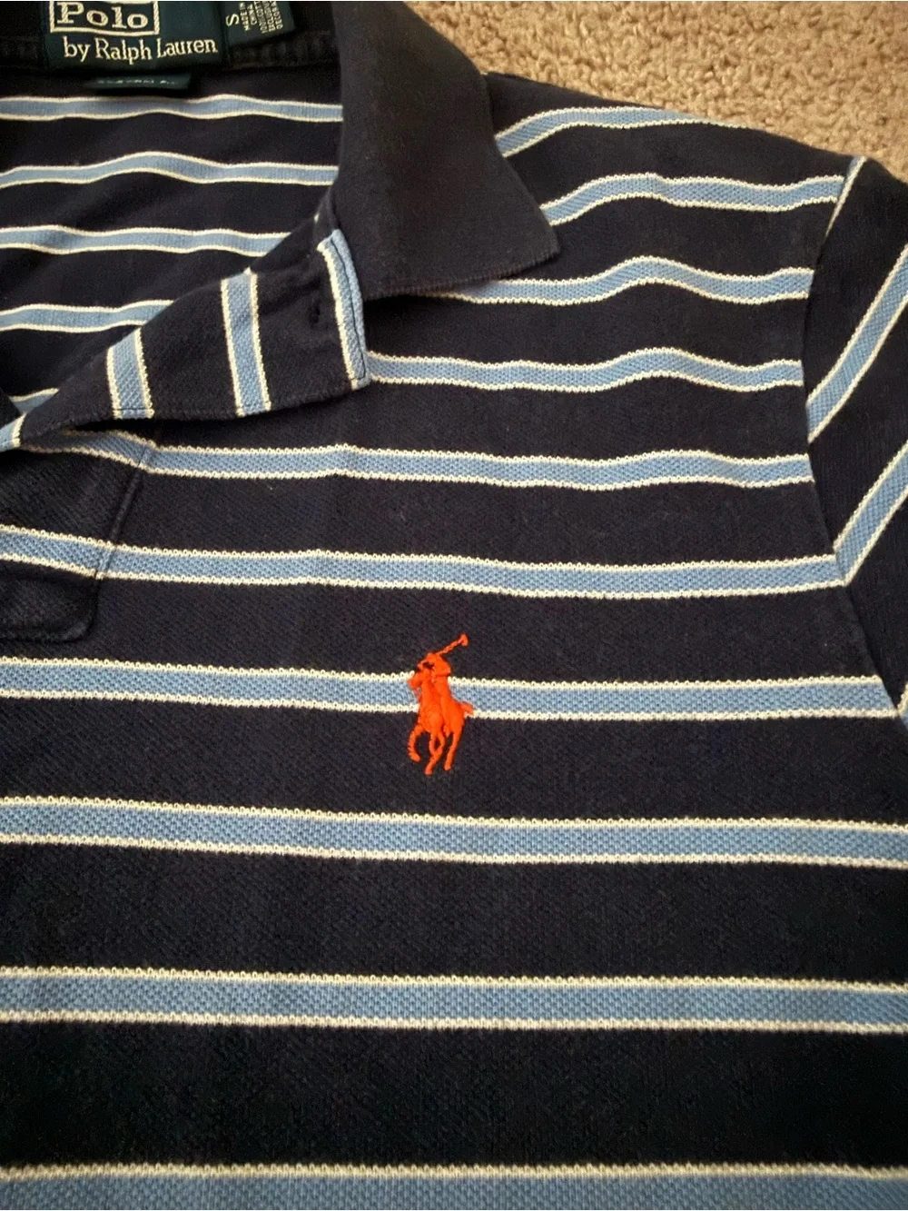 Ralph Lauren Navy & Light Blue Striped Polo with Orange Pony